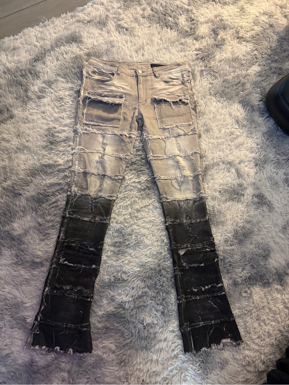 Men’s Two-Tone Skinny stacked Jeans with Distressed Patchwork - Black and Gray